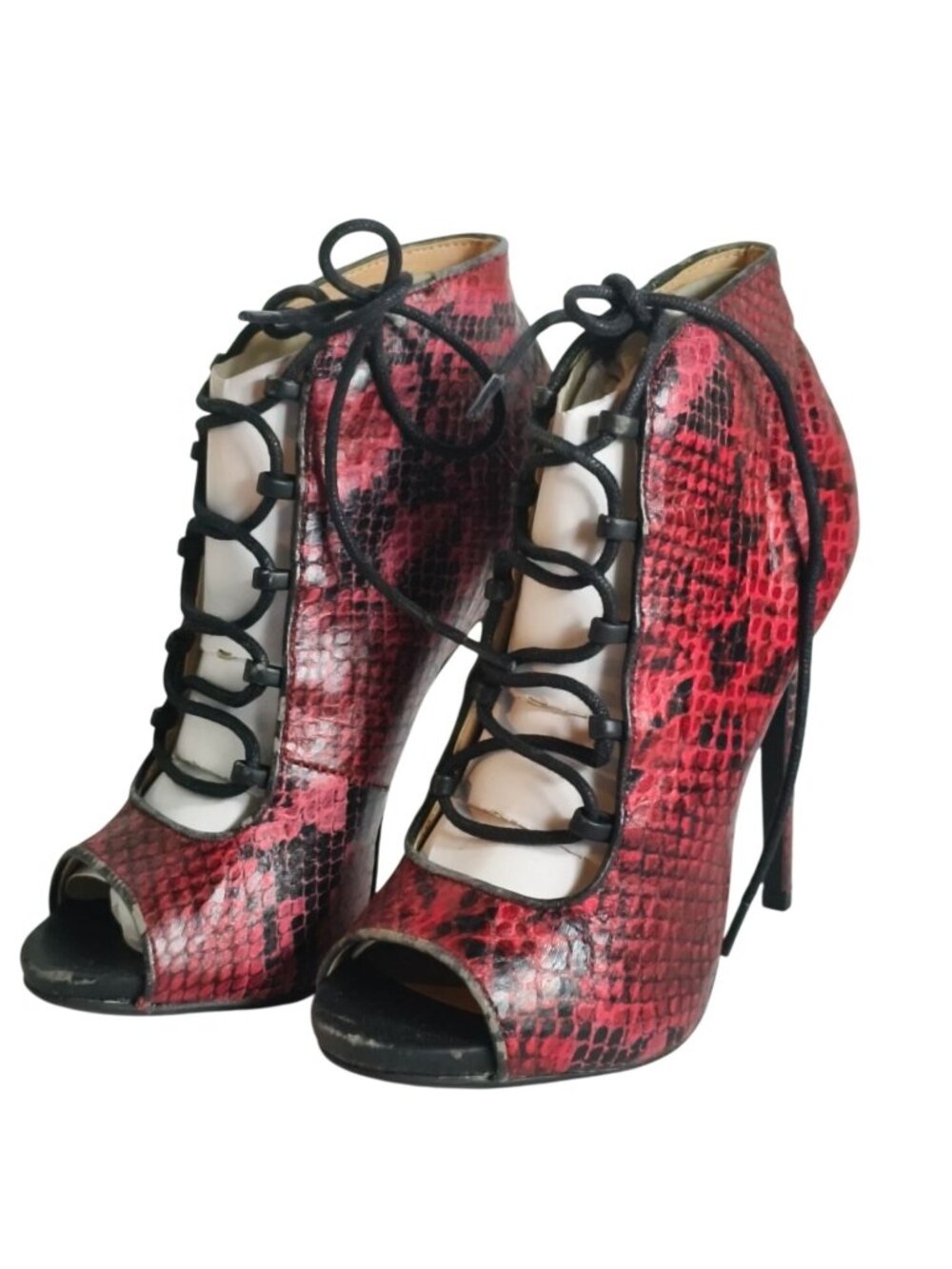 Zigi Womens 6 High Heel Lace-Up Peep-Toe Booties Red Snake Print Soho Martyr